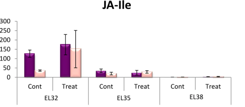 Figure  3.1  –  Hormonal  quantification  of  jasmonates,  namely  OPDA  and  JA-Ile,  in  Trincadeira  and  Syrah  across  three  development stages: green (EL32), veraison (EL35) and harvest (EL38)