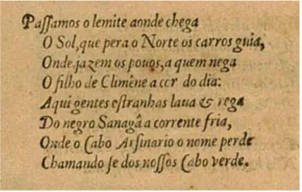 Figura 2 – Fragmento da edição de Os Lusíadas  (1572): o Cabo Arsinário passa a denominar-se  Cabo Verde.