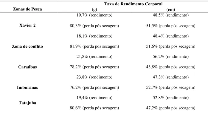 Tabela 1. Análise percentual da taxa de rendimento em peso (g) e comprimento (cm) da biomassa processada por zona  pesqueira