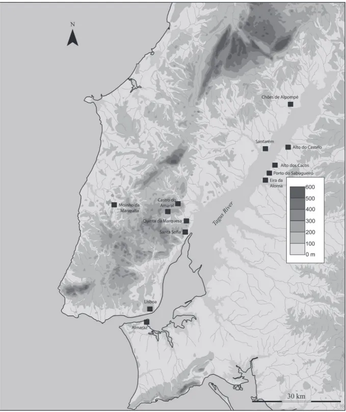 Fig. 2. Tagus estuary’s Orientalizing occupation; late 8th-mid 6th century BCE (cartographic base: Boaventura – Pimenta – Valles 2013, modified by the author).