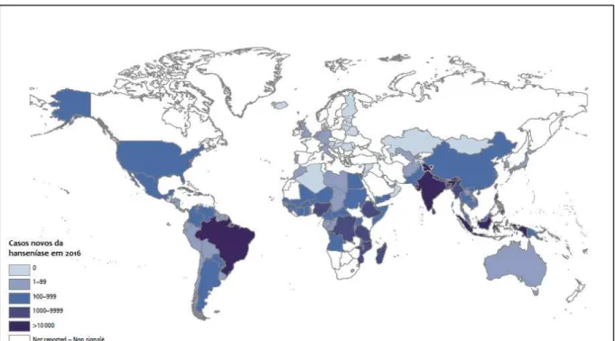 Figura 1 - Distribuição global dos casos novos de hanseníase em 2016.  