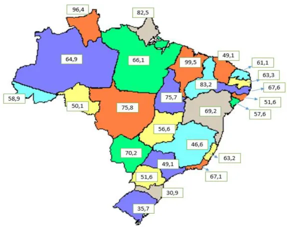 Figura  1:  Razão  de  Mortalidade  Materna  (RMM)  por  Estado  brasileiro,  no  ano  de  2015  (adaptado pelos autores)