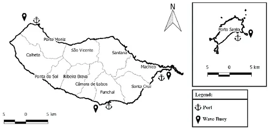 Figure 2- Location of ports and wave buoys (adapted from de ifcn.madeira.gov.pt). 