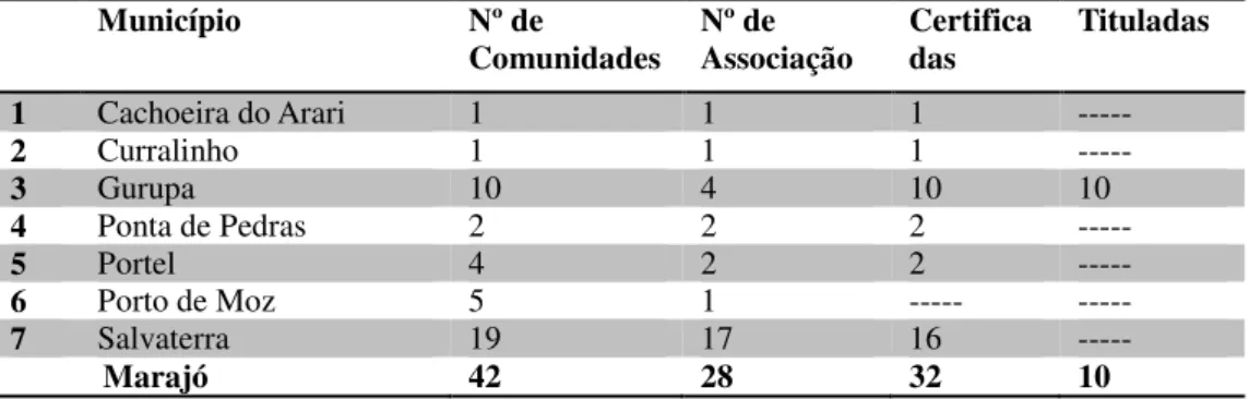 Tabela  8:  Distribuição  das  associações  e  comunidades  quilombolas  na  regional do Marajó, Pará 