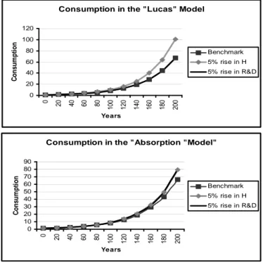 Figure 3: Consumption Paths in the “Lucas” and “Absorption” Calibration