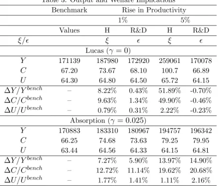 Table 3: Output and Welfare Implications Benchmark Rise in Productivity