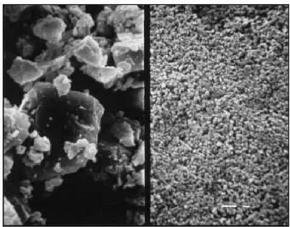 Figura 8 Microfotografia em mesma escala de grãos de Cimento portland (esquerda)  e sílica ativa (direita) 