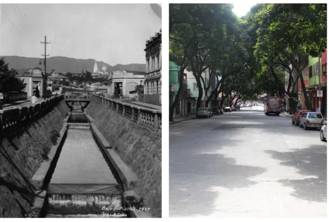 Figura 13: Canal do córrego do Leitão na rua Padre Belchior em 1920 e 2016 