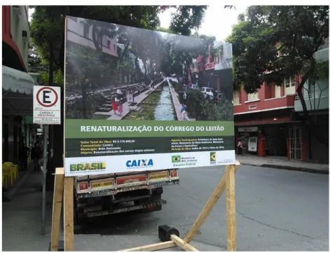 Figura 14: Placa com provocação sobre a renaturalização do córrego do Leitão colocada na rua Padre  Belchior, 2016 