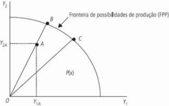 Figura 3 - Função distância orientada pelo produto e conjunto de possibilidades de produção  Fonte: Marinho e Carvalho (2004)