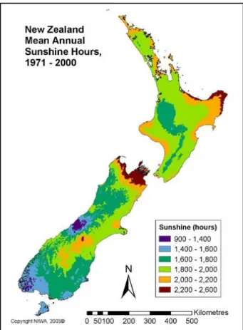 Figure 9 - New Zealand Mean Annual Sunshine Hours, 1971 - 2000  Source: http://www.niwa.co.nz/education-and-training/schools/resources/climate/overview 