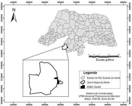 Figura  1.  Localização  Geográfica  do  Município  de  Serra  Negra  do  Norte  e  da  Estação  Ecológica do Seridó