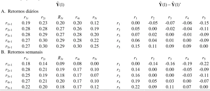 Tabela 10: Matrizes de autocorrelações cruzadas de primeira ordem e de assimetria das autocorrelações para carteiras agrupados por tamanho de 04/03/86 a 15/04/98