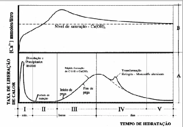 Figura 2: Noções de hidratação e pega do cimento Portland (BATTAGIN, 2010). 