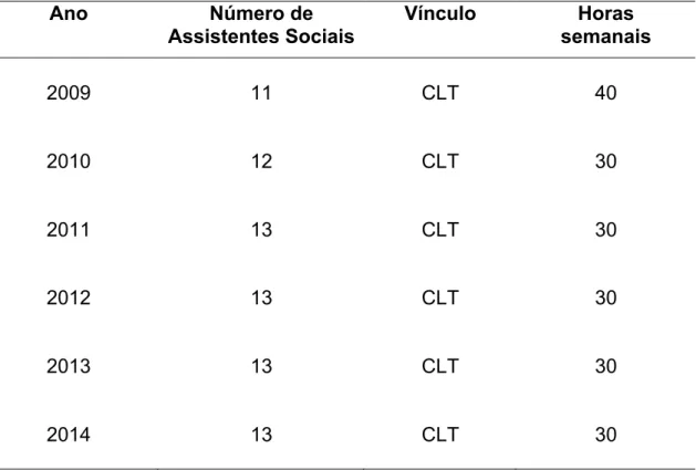 Tabela  2  –  Assistentes  sociais,  de  acordo  com  o  vínculo  empregatício  e  horas  de  trabalho da SAS-USP Campus “Armando de Salles Oliveira” (QUADRO  SÍNTESE)  Ano  Número de   Assistentes Sociais  Vínculo  Horas   semanais  2009  11  CLT  40  201