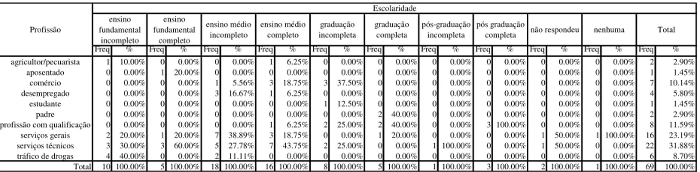 Tabela 5  –  Profissão dos recuperandos por escolaridade 