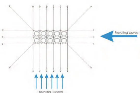 Figura 18 – Orientação de um sistema de amarração numa frota de jaulas (Cardia, Ciattaglia, and Corner 2017)