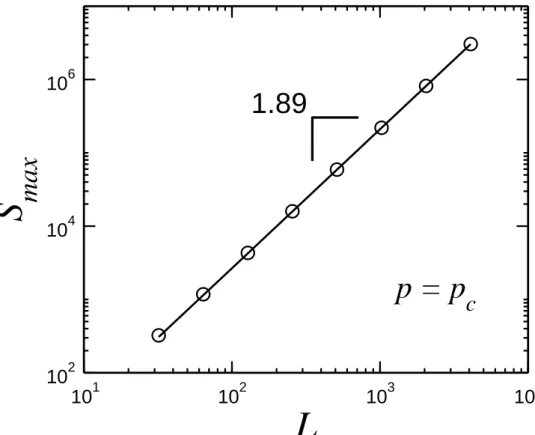 Figura 6: Gr´afico do tamanho do maior agregado S max como fun¸c˜ao da dimens˜ao linear L da rede quadrada