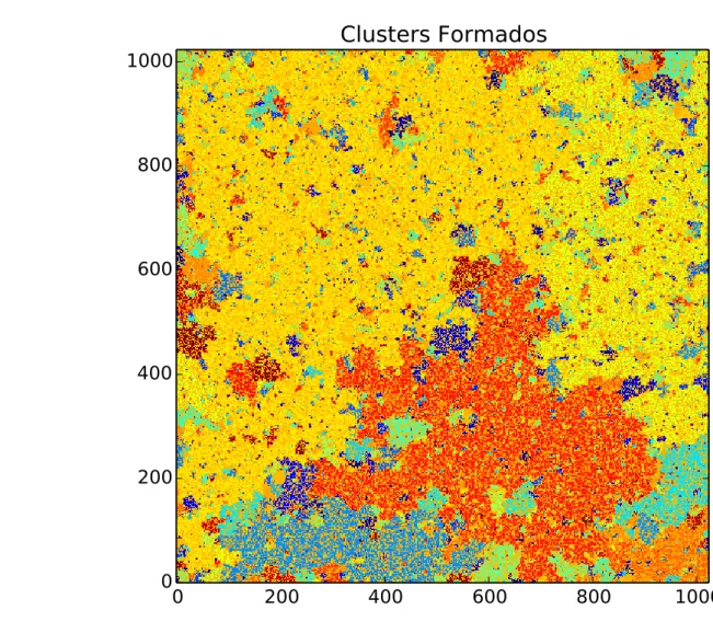 Figura 8 – Agregados em uma rede de percolação. 0 200 400 600 800 100002004006008001000Clusters Formados