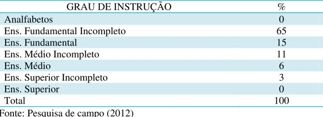 Tabela 05: Grau de escolaridade dos vendedores ambulantes da Rua  Coronel Gurgel 