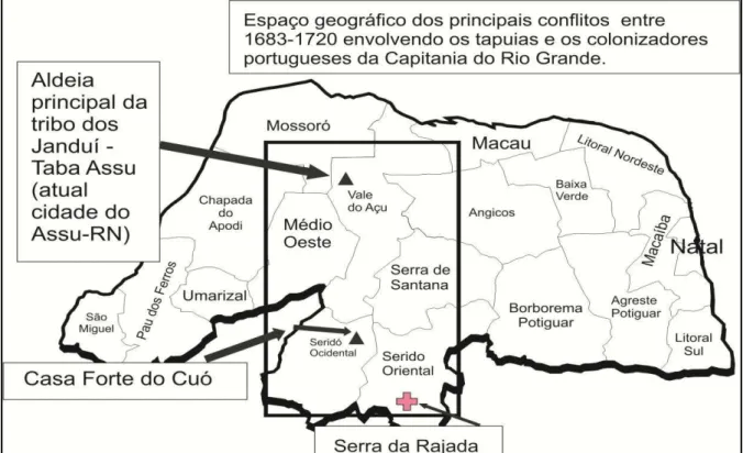 Figura 04: Mapa indicando os lugares dos principais conflitos entre os tapuia e os  colonizadores 