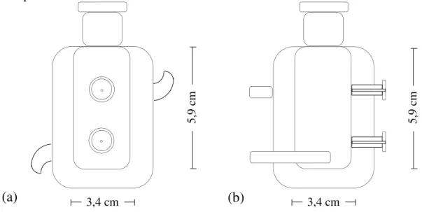 Figura 7 - Esquema de uma célula de equilíbrio: (a) vista frontal e (b) vista lateral com  seus respectivos valores de diâmetro e altura 