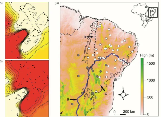 Fig. 2. GENELAND analysis (A and B) with posterior probability isoclines, which indicate  extensions of the genetic populations found (black lines with inclusion probabilities)