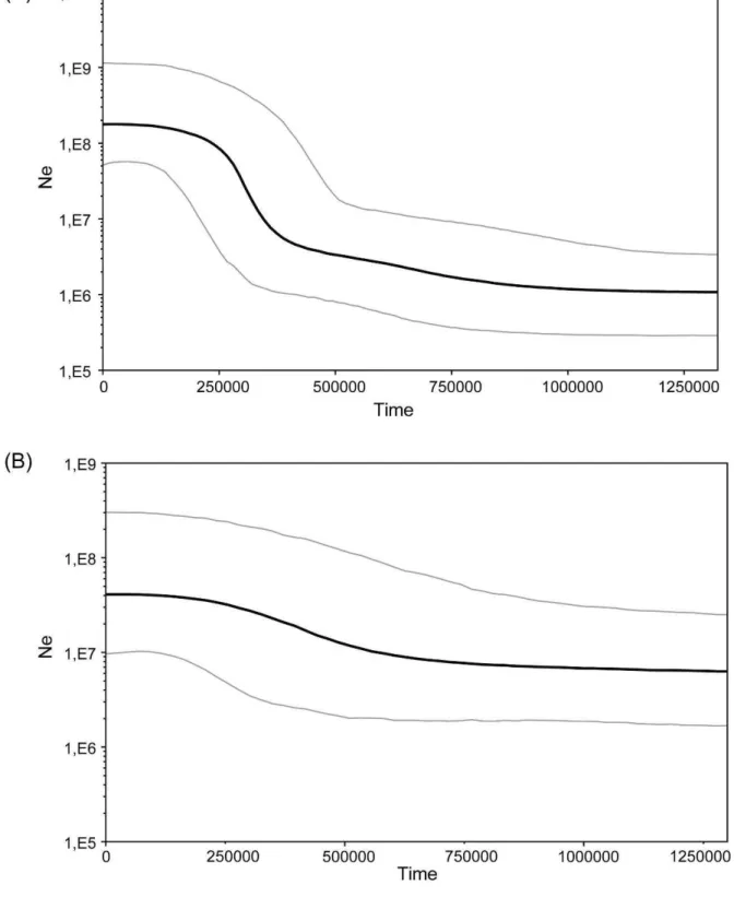 Fig. 4. Bayesian Skyline plots illustrating effective population sizes (Ne) through time (in  years) of Southwest (A) and Northeast (B) lineages