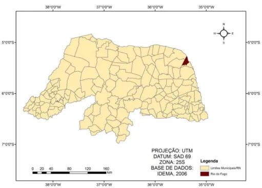 Figura  1.  Localização  da  área  de  estudo,  município  de  Rio  do  Fogo/RN.  Fonte:  Elaborada a partir da base cartográfica do IDEMA (2006)