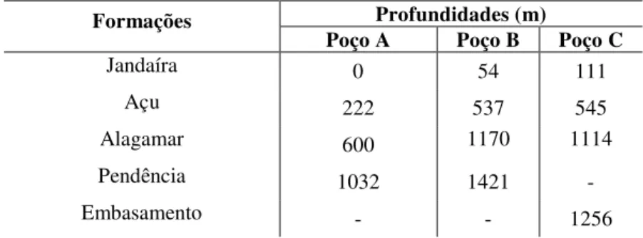 Tabela 4.1: Profundidades dos topos das principais formações interceptadas nos poços. 