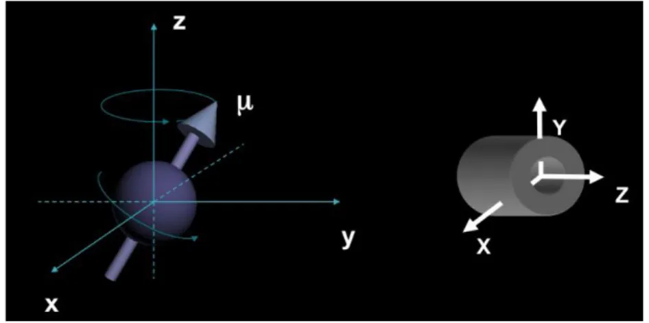 Figura 13- Eixos de coordenadas usadas em IRM e o vetor momento magnético (μ) associado 