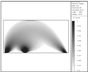 Figure 4.3: Density ρ obtained by minimization of the work done by the applied loads.