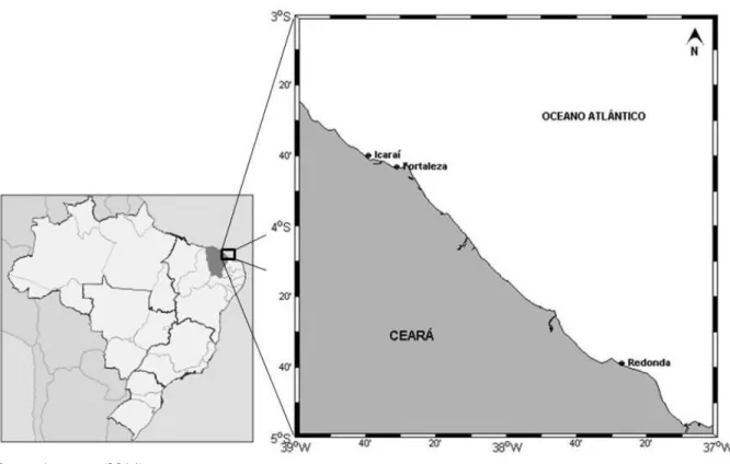 Figura 1 – Mapa mostrando a localização das praias de Icaraí (03º 39' 53'' S 038º 40' 38'' W), região metropolitana  de Fortaleza, e Redonda (04° 38' 46&#34; S 037° 28' 44&#34; W), litoral Leste do Ceará