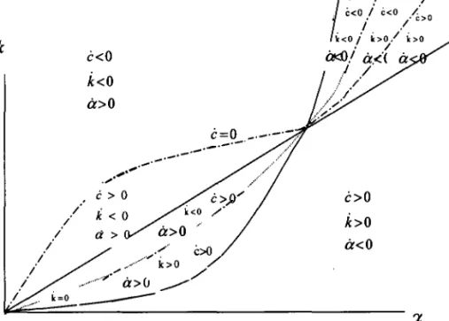 Figure 1:  Summary of the Time Derivatives of  k,  a  and c in the plan  (k  x  a) 