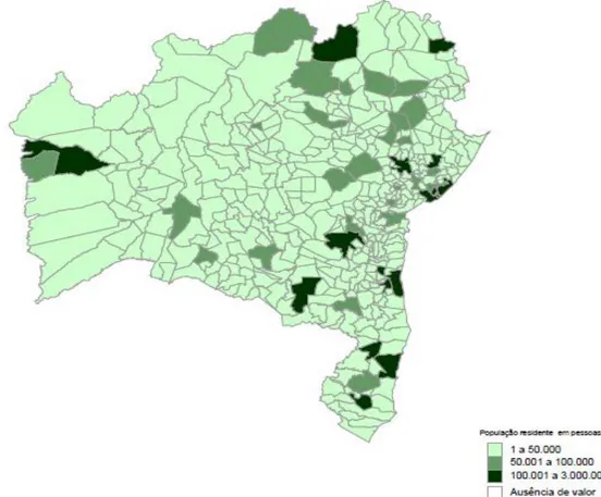 FIGURA 2 - Distribuição geográfica dos municípios no estado da Bahia de acordo com  faixas de população