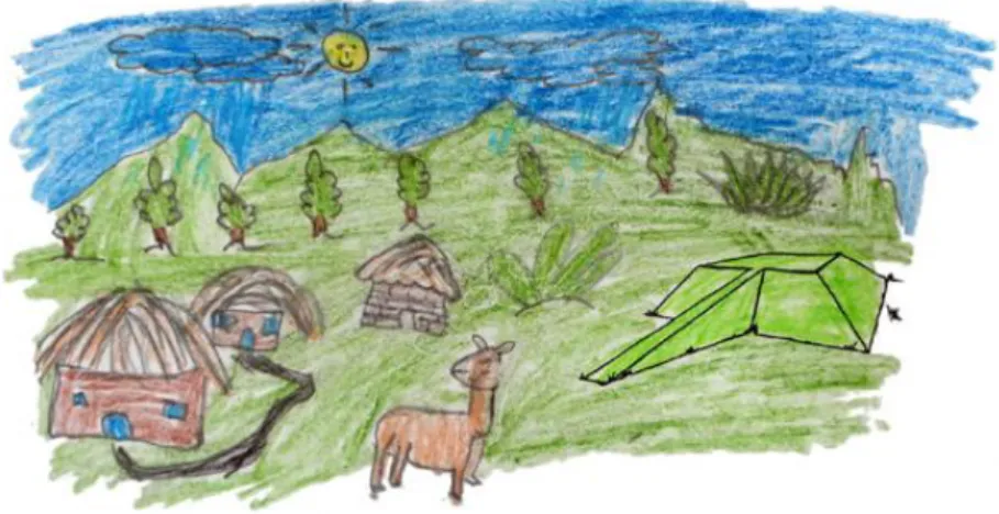Figura 13 - Dibujo de libre interpretación de un alumno de la Escuela 13 de Abril de  Cochasquí 
