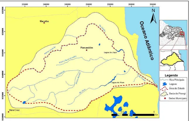 Figura 2.5. Mapa da rede hidrográfica da Bacia do Rio Pirangi com os principais corpos d’água