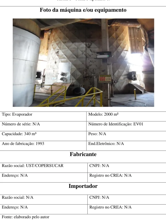 Tabela 8 – Ficha evaporador 1. 