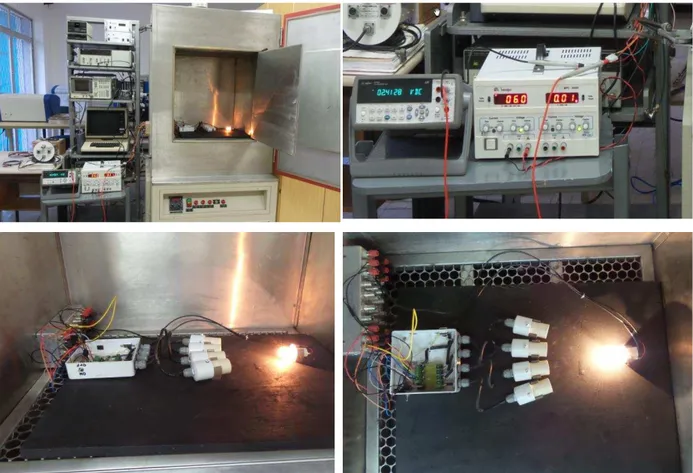 Figura 4.12. Fotodiodos e amplificadores dentro da câmara térmica sendo preparados para  o teste, conectados à fonte externa e multímetro