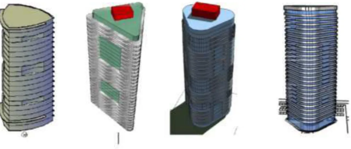 Figura 09: Estudos formais para um centro empresarial vertical, conforme tipologia do edifício  compacto em torre única