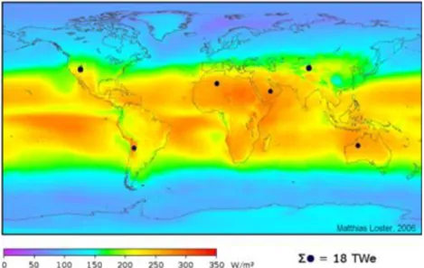Figura 1.4 – Mapa Mundial com irradiância solar média durante três anos (1991 a 1993 - 24 horas por  dia), tendo em conta a nebulosidade (obtida a partir de satélites meteorológicos) [11]