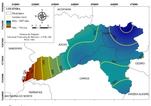 Figura 9 - Espacialização da precipitação anual para as localidades de Patos, Cariús e  Iguatu
