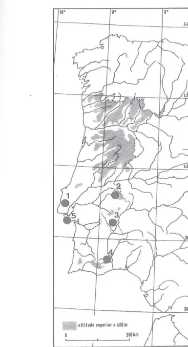 Fig.  1 - Some  monumcnlS  am]  sites  quoted  in  texl:  1.  Li!ibon  peninsula  (Cova  das  Lapas