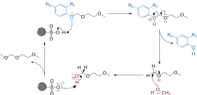 Fig. 3.5: reação de desproteção do grupo hidroxilo com a resina Amberlyst® 15. 