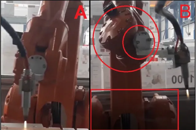 Figura 2.5 - Fotografias da fonte de APPJ acoplada a um braço robótico, utilizado neste trabalho, durante o tratamento  (A) e durante a rotação dos eixos do braço que se encontram assinalados a vermelho (B)