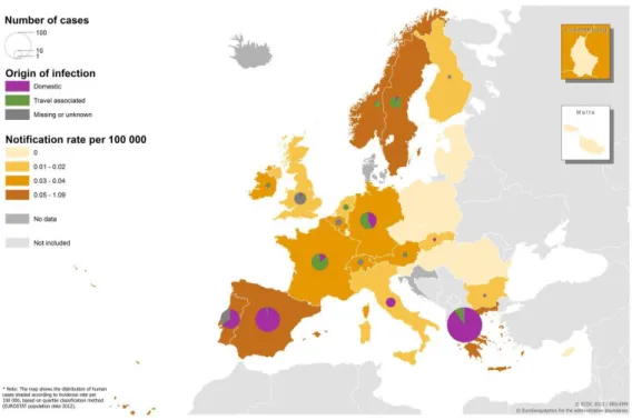 Figura 1. Taxas de notificação de brucelose humana na EU/EFTA, 2012. O mapa mostra, a  sombreado, a distribuição de casos de infeção em humanos [31]