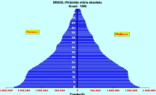 Gráfico  1.  (Fonte:  IBGE.  Projeção  da  população  do  Brasil  por  sexo  e  idade  –  1980  –  2050