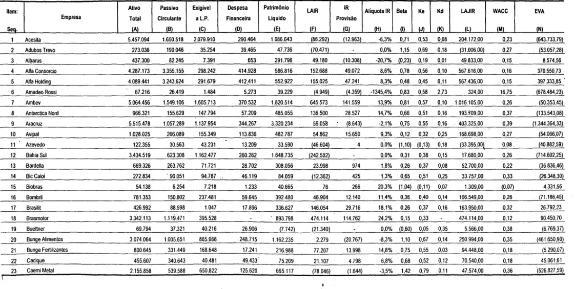 TABELA  C.1  -CÁLCULO DO  EVA DE  1996 DAS  EMPRESAS 