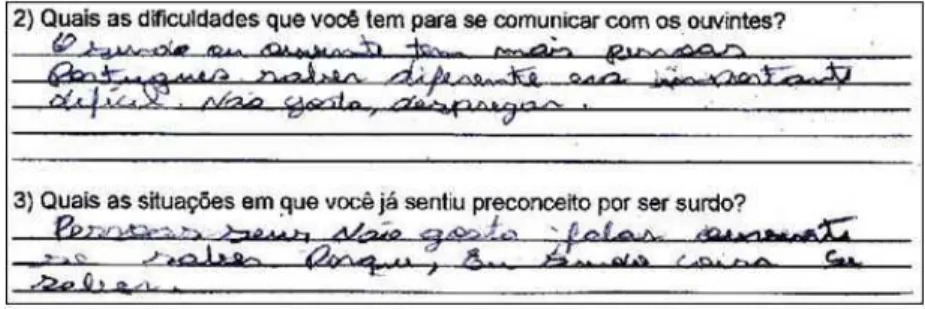 Figura 3 – Exemplo de repetição adjacente, em que o surdo escreve três vezes o termo ‘muito’ de forma integral e com variação (“muitas vezes”, “conversam muito” e “fala muitas coisa”).