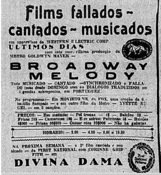 FIGURA 3 – Anúncio da cópia legendada de Melodia da Broadway  (Correio…, 29 jun. 1929:16)